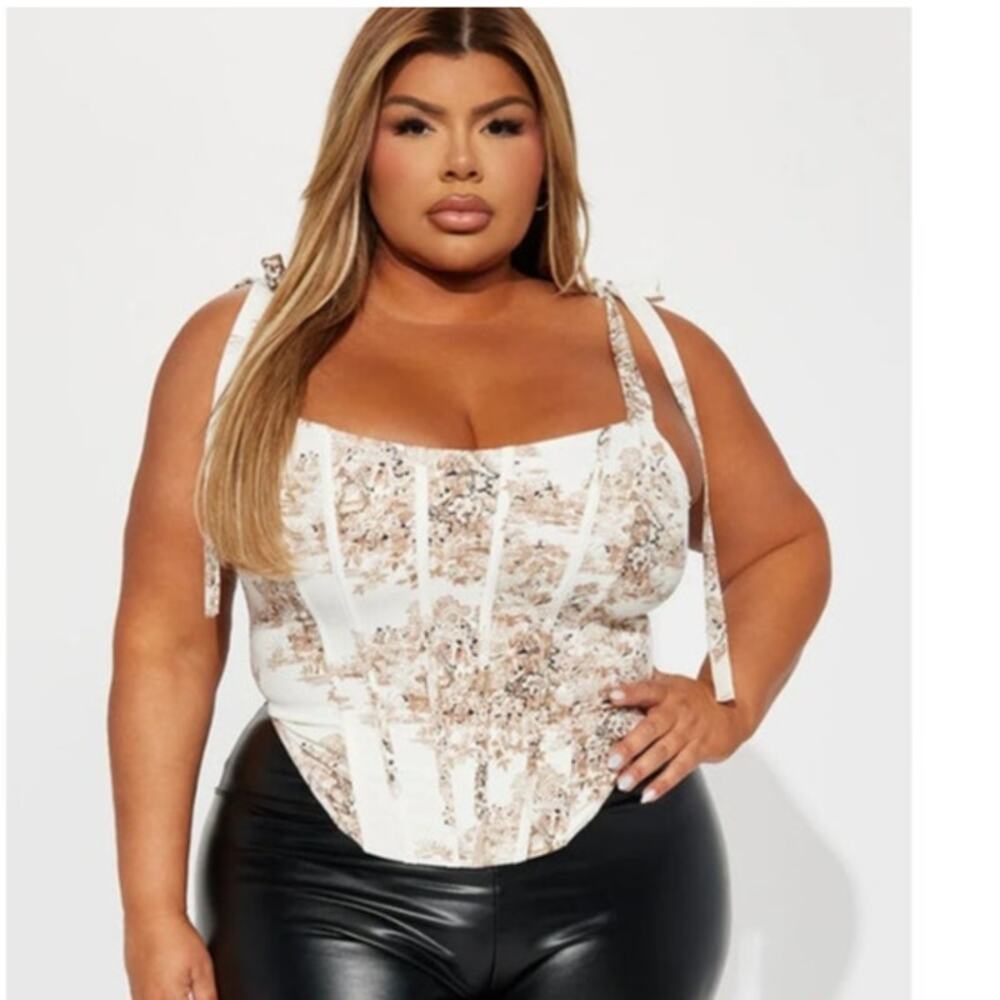 New Fashion Nova Corset Top Plus 1X Ivory Toile Print Boned Cottage Coquette